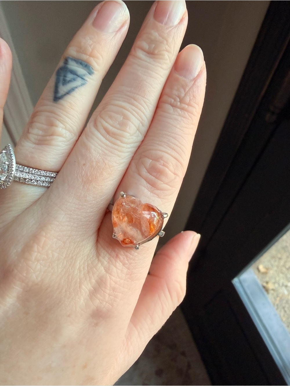 Chunky Sunstone Gemstone Heart Statement Ring - adjustable
